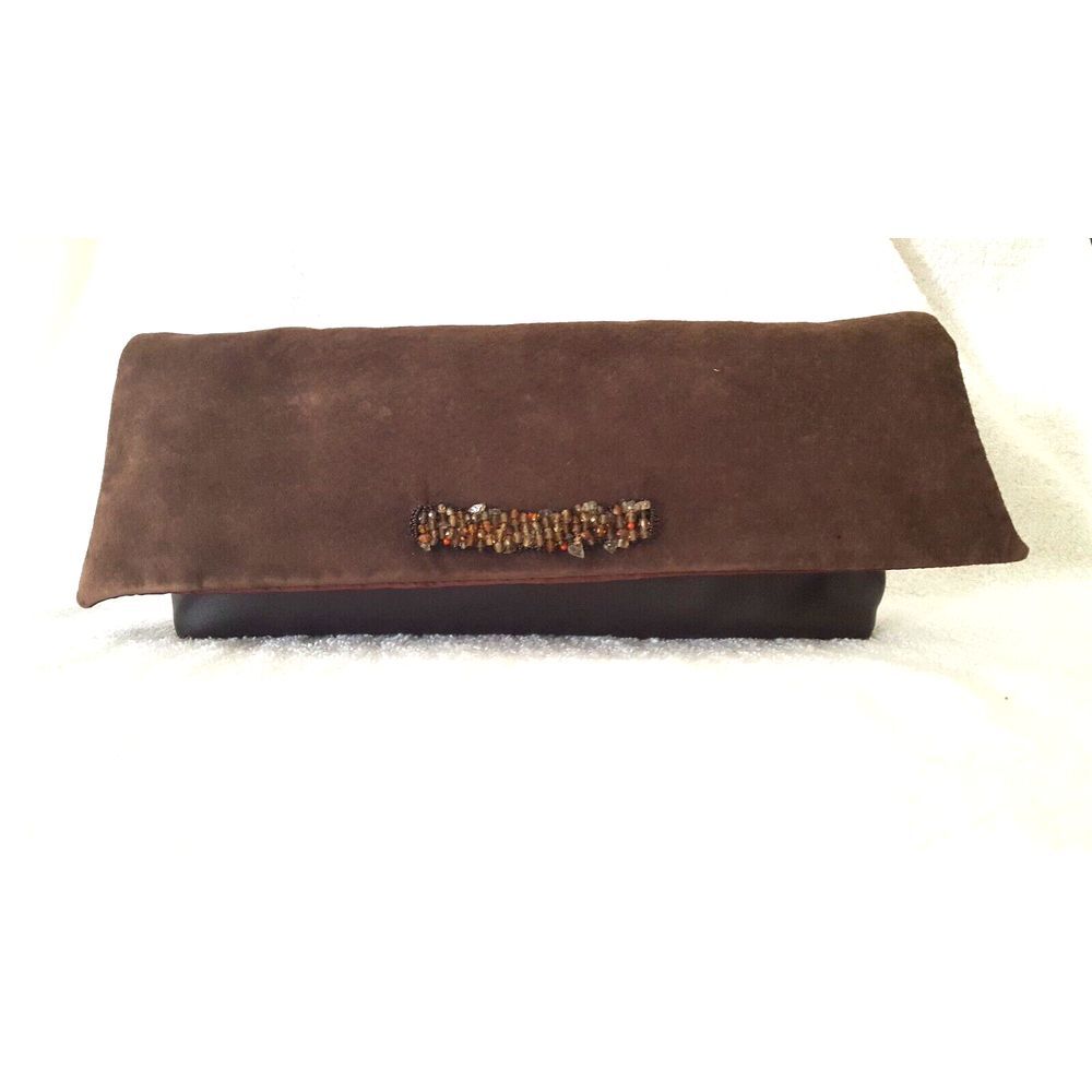 Jophiel Designer Brown Leather Clutch Beaded Accent Suede Flap Magnetic Closure